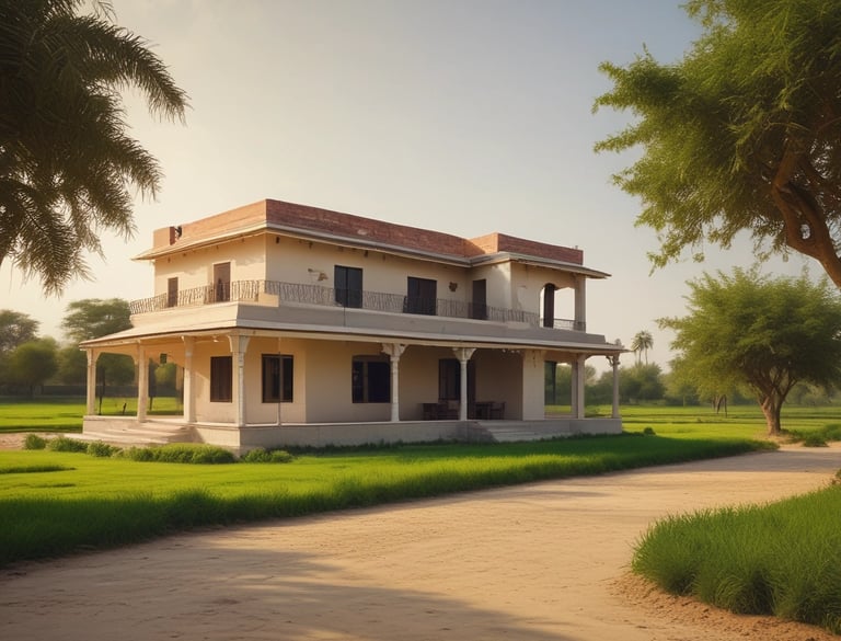 A lush green farmhouse with open fields and a rustic charm near Barmer.