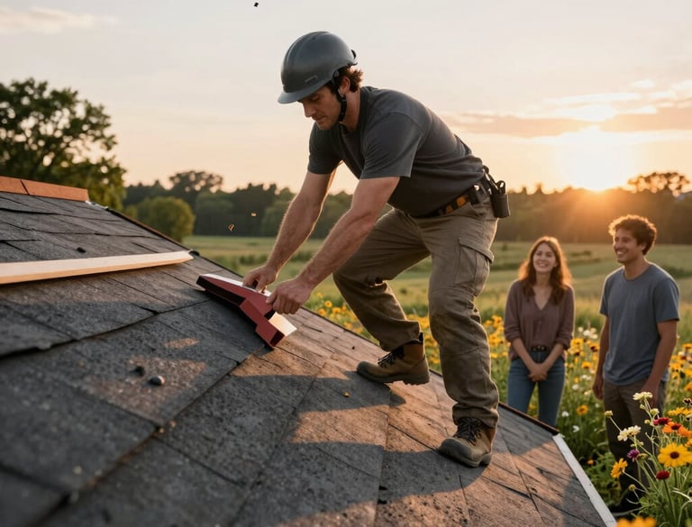 A skilled roofer installing a sleek black roof under a bright blue sky.
