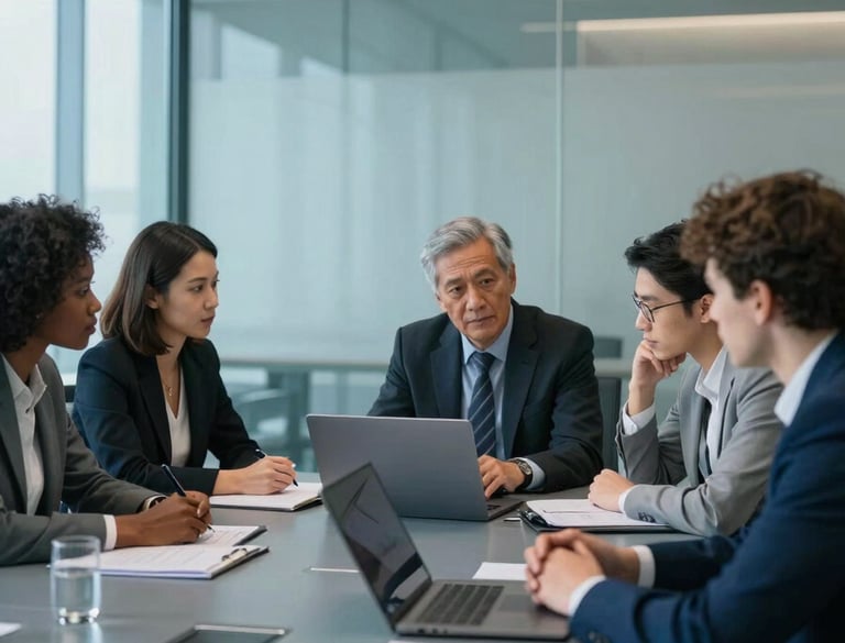 A diverse group of IT professionals in a sleek, glass-walled conference room. They are engaged in a professional discussion over a slim laptop. The environment is lit with bright, cool light, incorporating slate blue and dark navy tones.