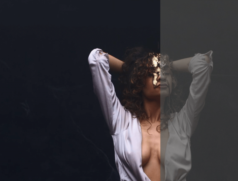 a woman in a white robe and a white shirt color correction example