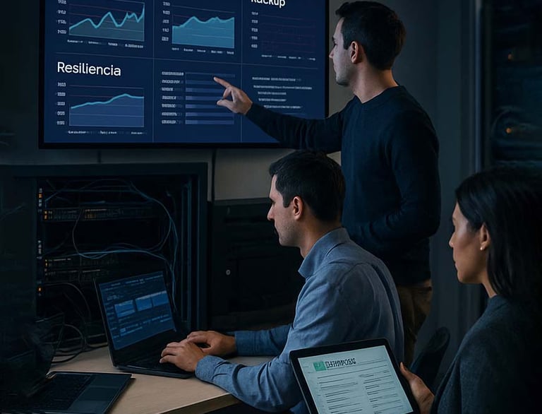 tres personas en seguridad informática, soporte digital, resiliencia, seguridad de datos