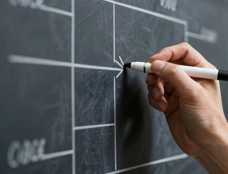 Extreme close-up of hands writing technical flowcharts on a glass whiteboard, sharp linear perspective, crisp studio lighting, deep slate tones.
