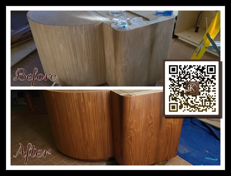 Before and after comparison of a custom wood counter refinished with a professional high-gloss stain.