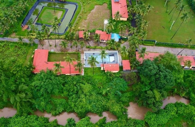 drone view of purna river retreat