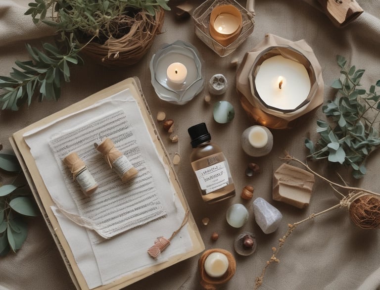 aromatic candles, essential oils, and dried herbs on a beige linen surface for aromatherapy.