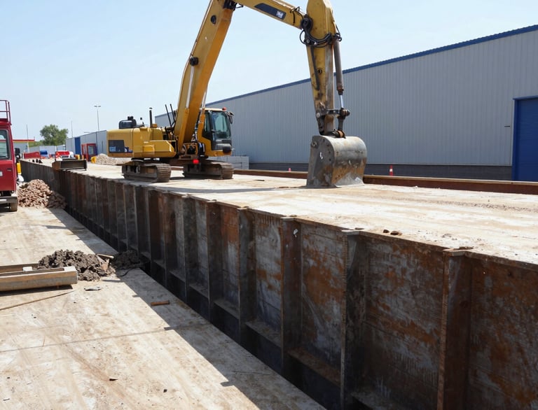 Close-up of heavy machinery installing steel sheet piles at a construction site.