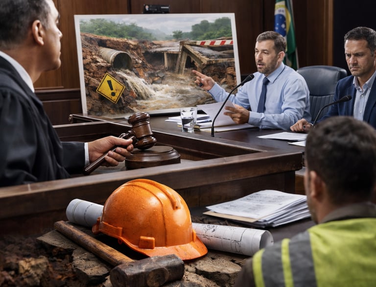 Perícia técnica analisando falha em bueiro de drenagem durante audiência judicial sobre execução