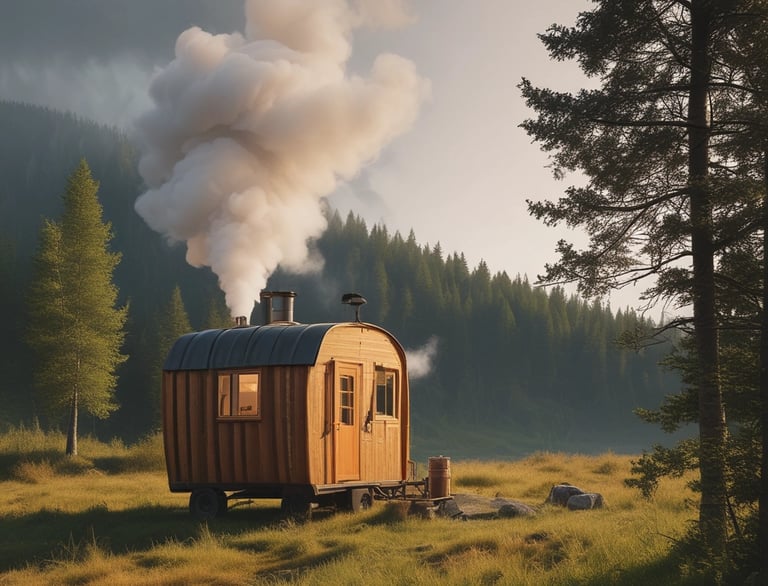 Cozy mobile sauna setup by a lakeside at sunset with warm glowing lights
