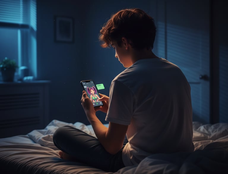 boy looking at an AI companion in a room therapy with Paula Fontenelle