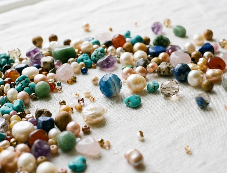 A variety of colorful loose gemstone beads and pearls scattered on a white fabric background.