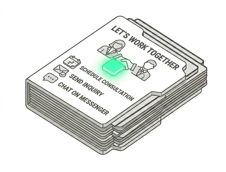 Isometric contact card showing options to schedule consultation, send inquiry, or chat on messenger.