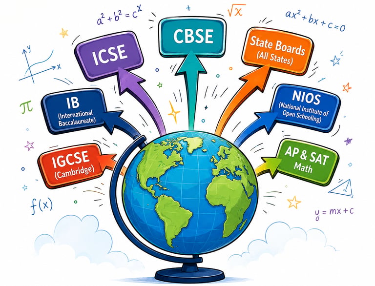 Cartoon-style globe with arrows pointing to international math education boards including CBSE, ICSE