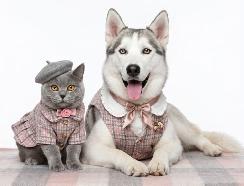 Un gato gris y un perro husky con conjuntos a juego de cuadros rosas y accesorios elegantes.