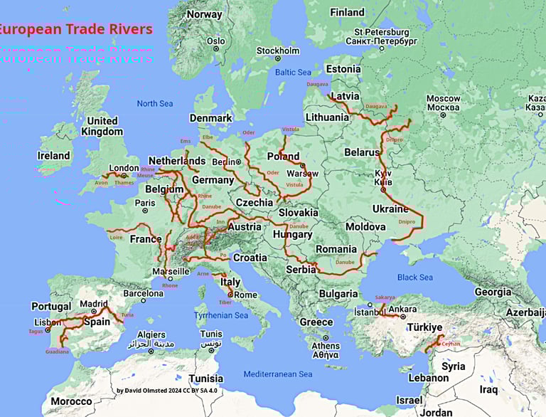 Map showing the major European river trade routes.