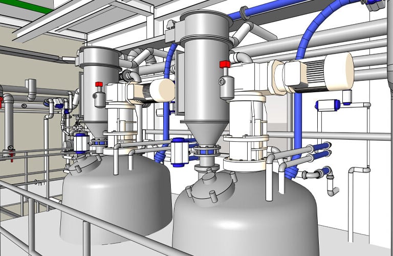 3D CAD model of an industrial chemical processing plant with large storage tanks and complex piping systems.