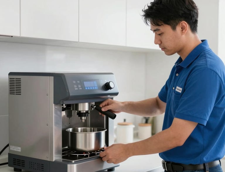 Technician repairing a commercial kitchen refrigerator with tools and parts.