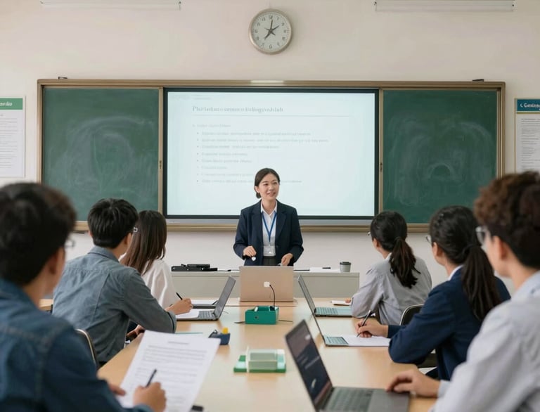 A teacher giving a presentation to students in a modern classroom using an interactive whiteboard and laptops.