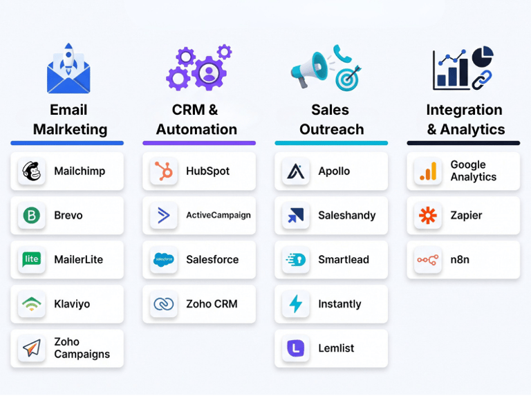 Chart showing marketing software integrations for Email Marketing, CRM Automation, Sales Outreach, and Analytics.