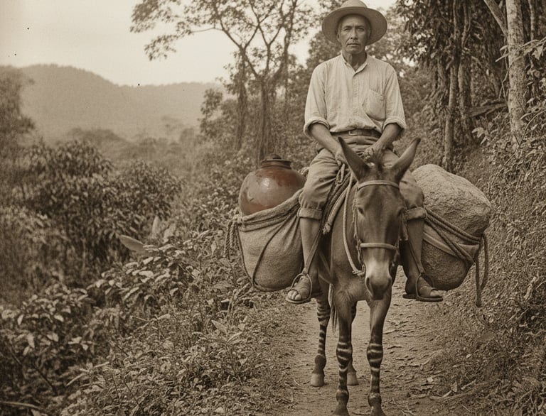 Imagen recreativa hecho con AI - Muestra al abuelo Dionisio de Oro montado en su mulo mojino