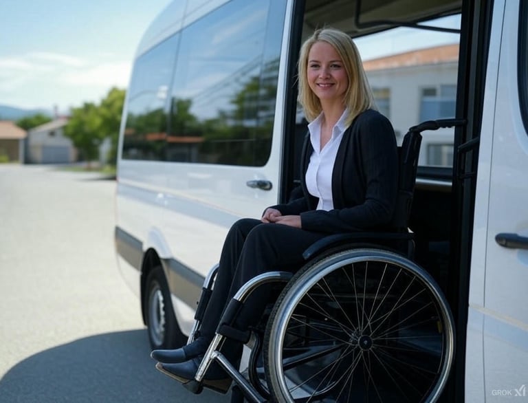 a woman in a wheelchair wheel chair in front of a van
