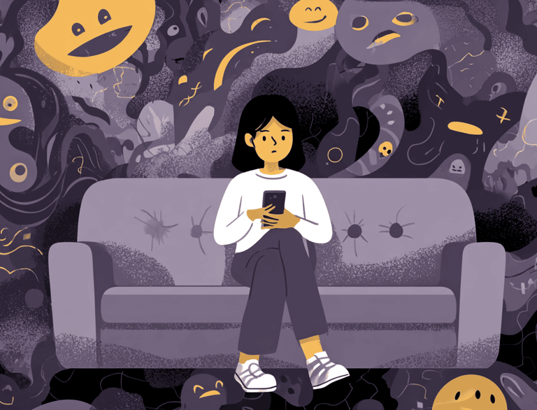 a woman sitting on a couch with a cell phone in her hand