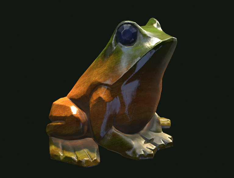 “3D rendering of a wooden frog facing southwest, featuring a tan belly and legs, with green accent