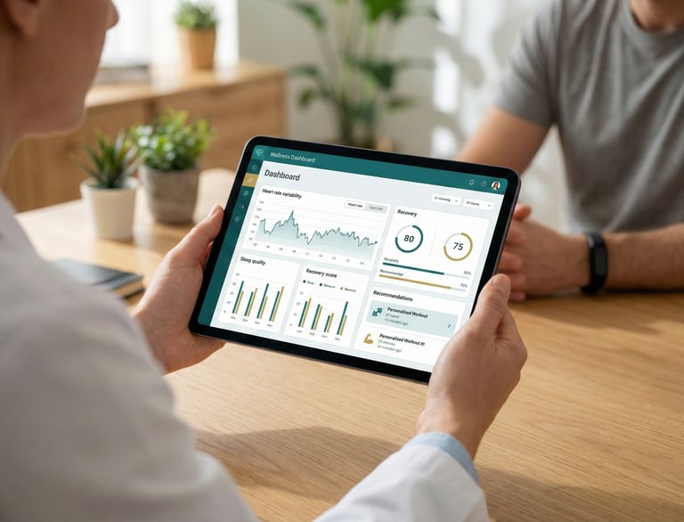 Wellness director reviewing client biometric data and personalized health metrics on tablet