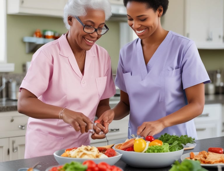 A caregiver assisting an elderly person with meal preparation in a cozy kitchen.