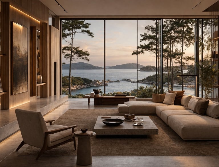 Modern luxury living room with ocean view and large windows.