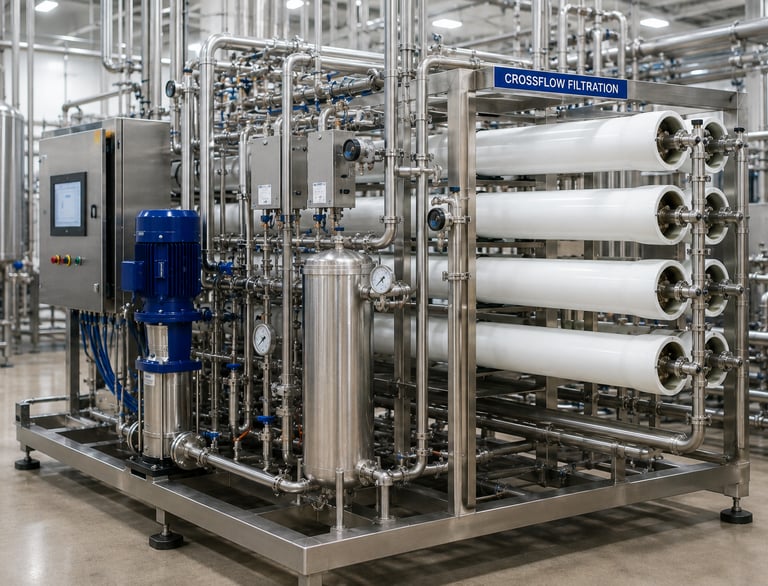 Industrial crossflow filtration system with stainless steel pipes and membrane housings for water treatment.