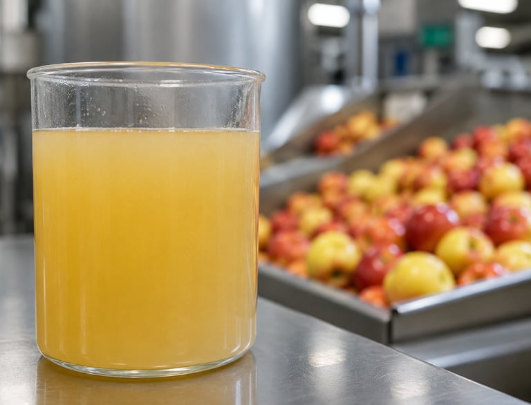 Freshly pressed apple juice in a glass at a processing facility with fresh apples in the background.