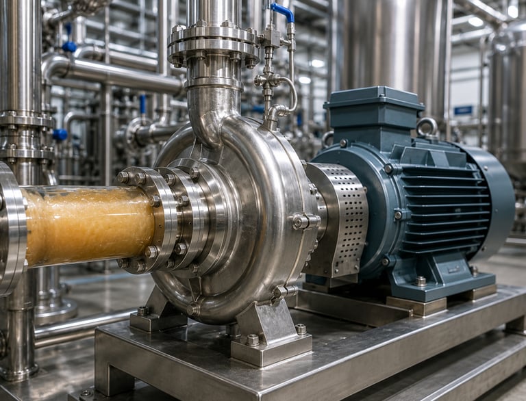 Industrial centrifugal pump and blue electric motor used in food grade manufacturing and liquid processing.