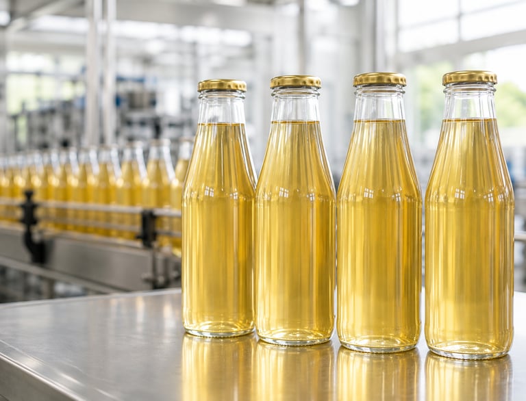 Bottled yellow juice on a manufacturing conveyor belt at a beverage production facility.