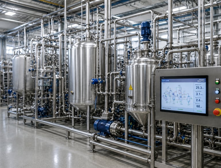 Industrial stainless steel tanks and piping system with a digital control panel monitor in a chemical plant facility.