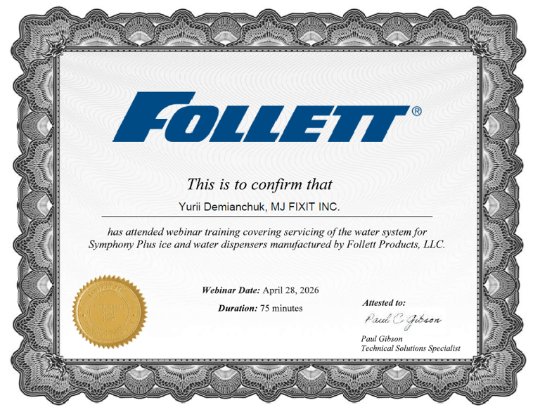 follett dispenser general service certificate