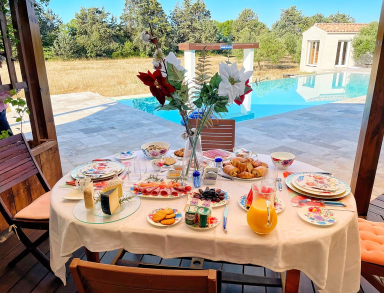 The grand, copious three-time breakfast with organic produce at Domaine Des Lucques