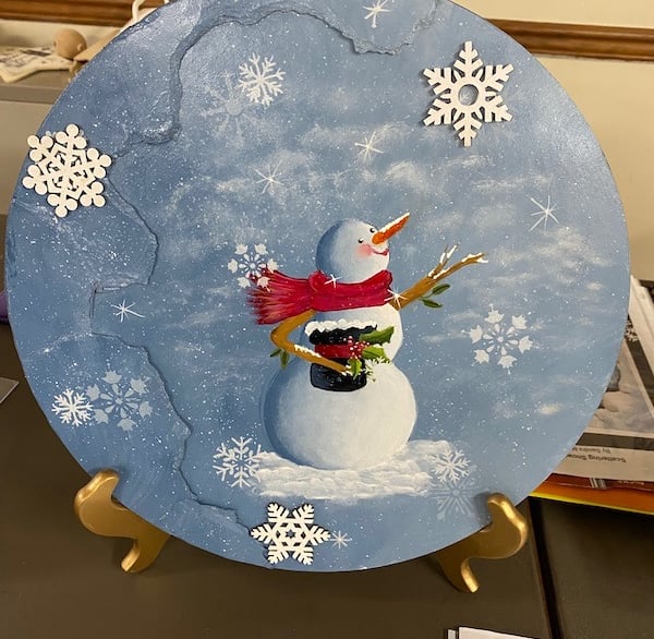 Fran Prebish, Sandra Malone, acrylic, snowman, torn paper frame, snowflakes