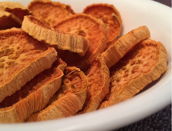 Homemade sweet potato jerky treats for a clean dog diet