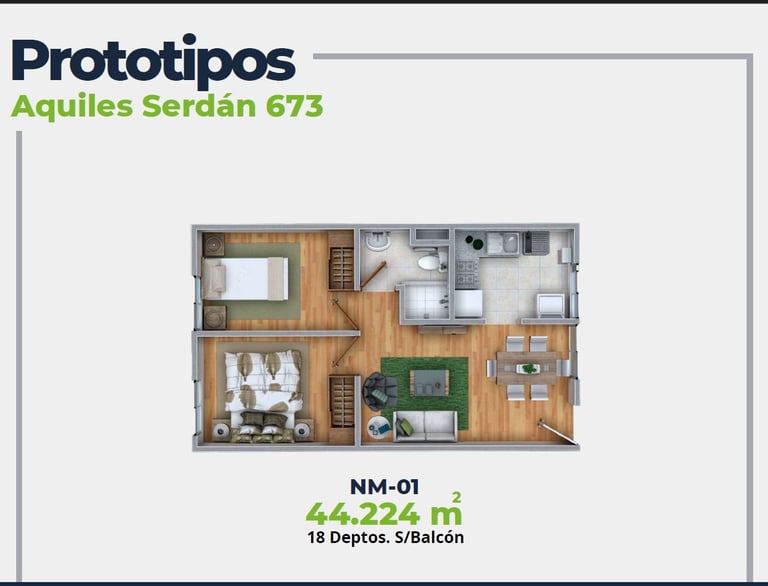 ASER Caracteristicas Departamento. Plano con 2 recamaras, sala comedor, baño y cocina. 44 mts2