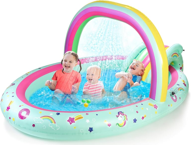 SULIFEEL Rainbow Unicorn Inflatable Play Center Kiddie Pool with Slide and Sprinkler for Children, 9