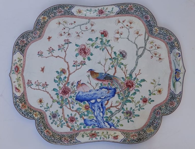 Chinese enamelled tray decorated with birds and flowers