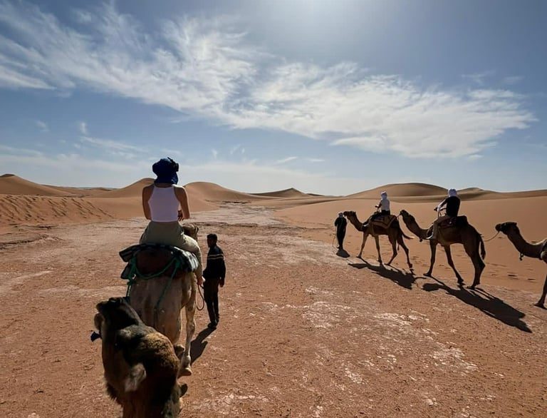 Group of travellers on camel trek in the Moroccan Sahara desert