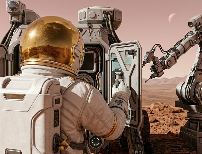 Top Quark space repair man with robot on Mars
