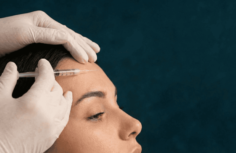 Un profesional médico con guantes administrando una inyección de Botox en la frente a una mujer