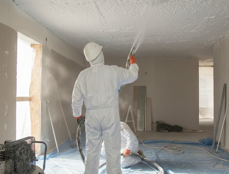 Professional spraying a ceiling with acoustic cellulose.