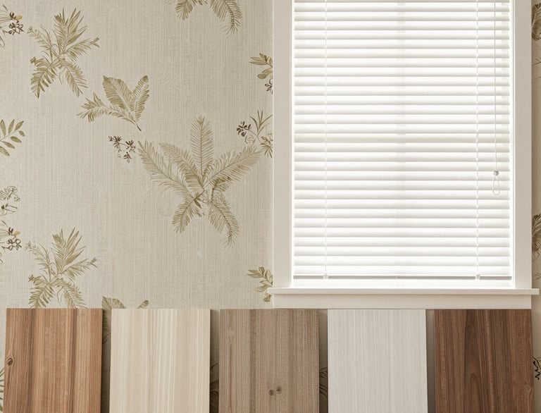 Wooden blind samples displayed against tropical leaf wallpaper and white venetian window blinds.