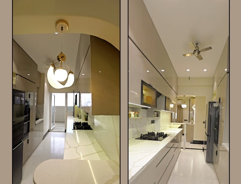 Modern galley kitchen featuring sleek beige cabinets, white marble countertops, and a stylish gold pendant light.