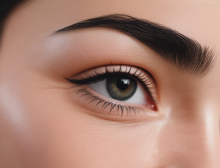 Close-up of perfectly laminated eyebrows with soft natural tint under warm lighting.