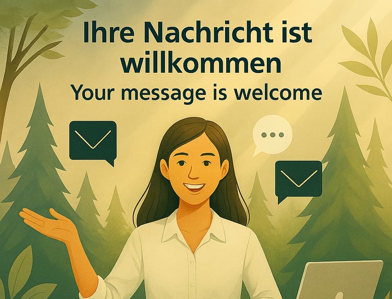 Frau am Tisch im Wald mit Laptop und Icons. Text: „Ihre Nachricht ist willkommen / Your message is welcome KraftWald