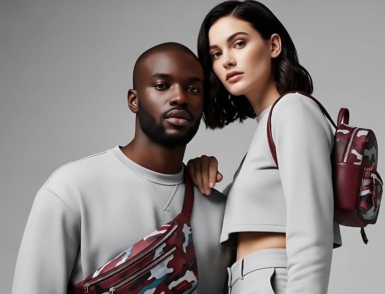 Contemporary photo of an interracial male and female couple in studio  wearing premium clean fashion